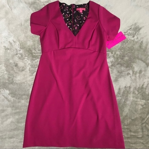 Betsey Johnson Pink Short Sleeve Zip Up V Neck Sheath Cocktail Dress Size 10 NWT - Picture 1 of 11